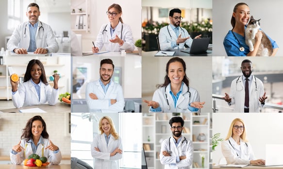 A diverse group of doctors in white coats, each posing in their own way, with some holding medical supplies, others showing off healthy foods, and some interacting with patients. photo