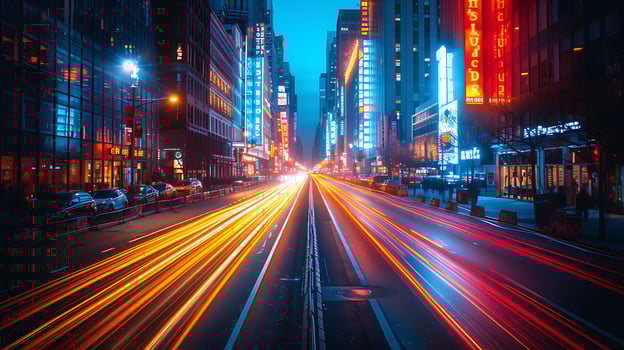 Futuristic long exposure image of a neonlit cityscape with vibrant colors and dynamic light trails photo