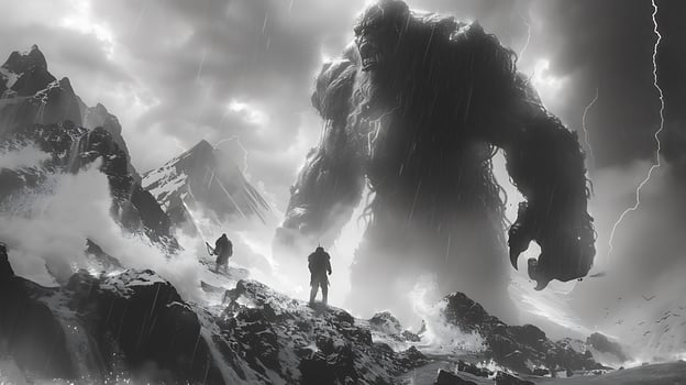 Image depicting giant engaged fierce battle atop stormswept mountain peak their enormous form silhouetted against flash of lightning Focus realism of their muscular anatomy dynamic interaction of photo