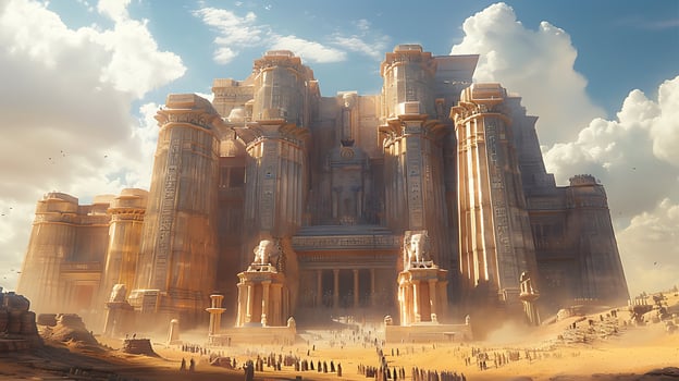Image of giant crafting towering monument amidst sprawling desert landscape their monumental creation rising majestically against backdrop of shifting sand dune distant horizon Focus intricate detail photo