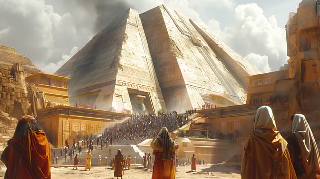 Khufu Cheops Generate realistic casual image depicting Khufu overseeing the construction of the Great Pyramid of Giza perhaps discussing architectural plans with his advisors photo