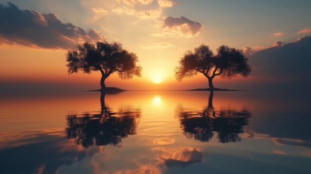 Trees silhouette at golden sunset and reflection shadow on water in beach photo