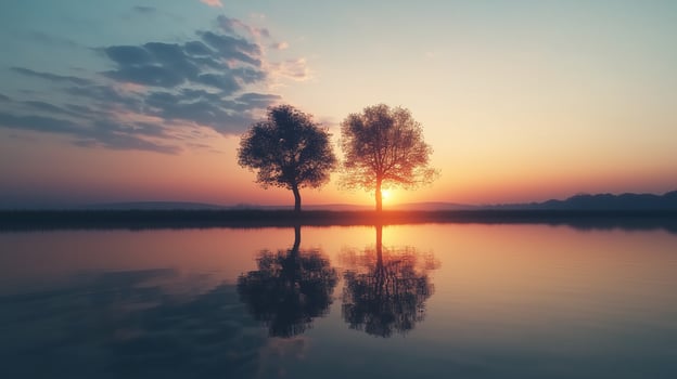Trees silhouette at golden sunset and reflection shadow on water in beach photo