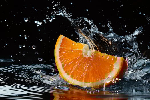 An orange slice is being splashed with water photo