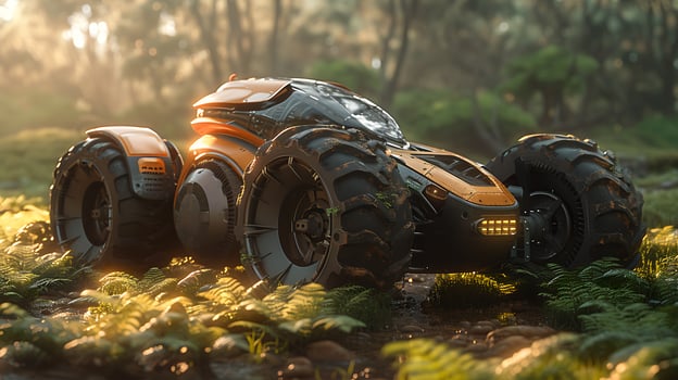 Tractor civilization thriving millennium ahead boasting autonomous farming capability powered fusion reactor equipped soil analysis sensor optimized planting design seamlessly integrates nature photo