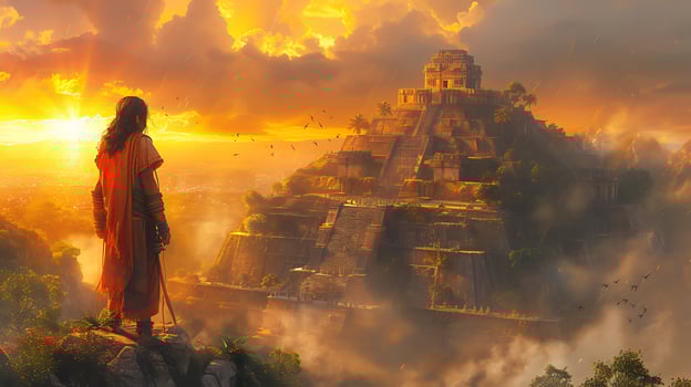 Produce stunning image capturing the golden hour sunlight casting a warm glow over the ruins of an ancient Inca temple with intricate details illuminated by advanced HDR techniques photo