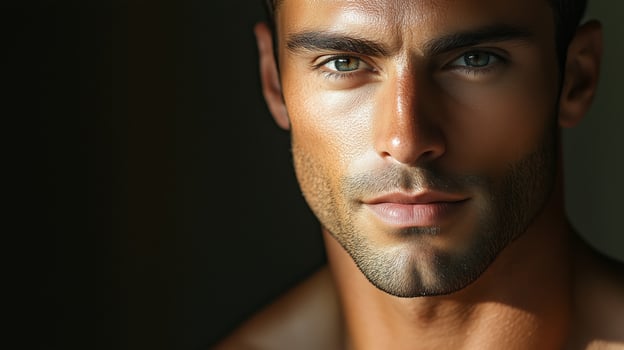 A close-up portrait of a man with striking features and confident expression captured in warm, natural lighting photo