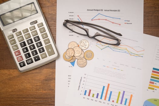 Top view of the desk prepares documents for annual tax payment photo