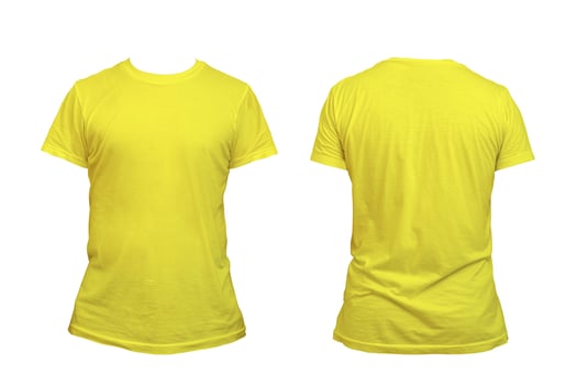 Blank yellow clean t-shirt mockup, isolated, front view. Empty tshirt model mock up. Clear fabric cloth for football or style outfit template. photo