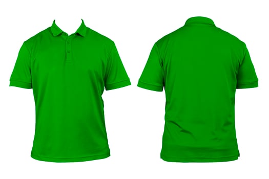 Blank clothing for design. Green polo shirt, clothing on isolated white background, front and back view, isolated white, plain t-shirt. Mockup. photo