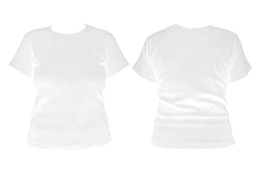 Blank white t-shirt template for women from two sides, natural shape on invisible mannequin for your model design for printing, isolated on white background. photo