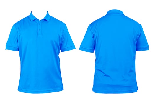 Blank clothing for design. Light blue polo shirt, clothing on isolated white background, front and back view, isolated white. Mockup. photo