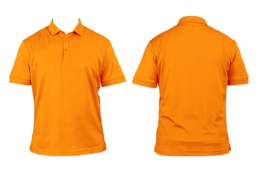 Blank clothing for design. Orange polo shirt, clothing on isolated white background, front and back view, isolated white, plain t-shirt. Mockup. photo
