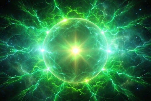 outer space, futuristic, high energy, green, vibrant, surreal, intense, glowing, vibrant, stock photo,plasma, radiating, Green glowing high energy plasma energy field in space reflected photo