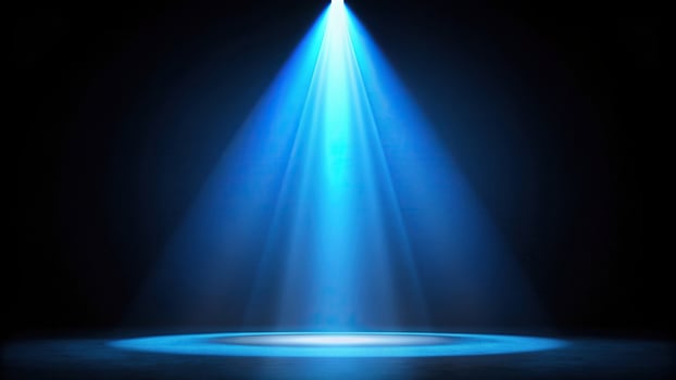 composition, asymmetrical, vibrant, illumination, lighting design, performance, Blue spotlight light beam illuminating a black background creating an asymmetrical composition photo