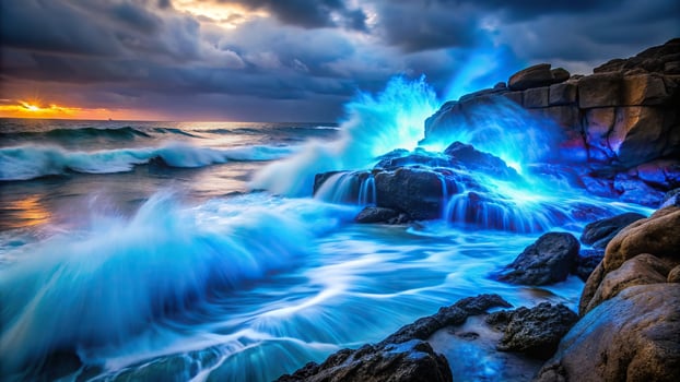 Dynamic wave crashing against rocks with a mesmerizing blue bioluminescent glow that intensifies at night creating an immersive and awe inspiring scene, wave, mesmerizing, stunning photo
