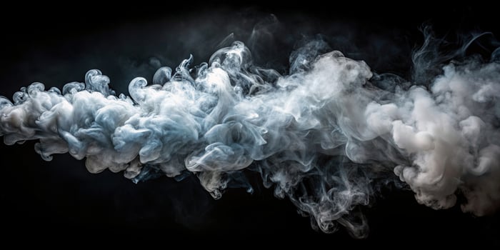 A mesmerizing aerial photograph capturing a stream of dense smoke against a dark background, stream, dark, background, mesmerizing, dense, aerial photo