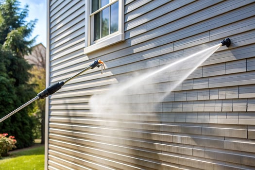 A power washer cleaning the siding of a house using high pressure water jets, white wall, siding,power washer, outdoor, equipment, high-pressure, water pressure, spray gun photo