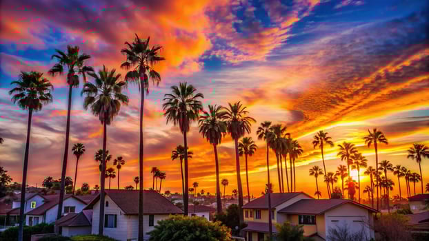 sunset, asymmetrical, Orange County,suburban, silhouetted, landscape, Suburban Orange County landscape featuring palm trees and houses silhouetted against a colorful sunset sky photo