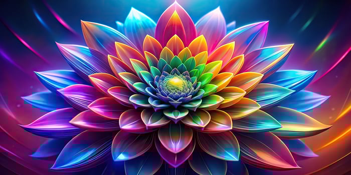 Abstract futuristic energy flower with multiple vibrant colors depicted against a colored background from a high angle perspective, illuminated, futuristic background, energy, vibrant photo