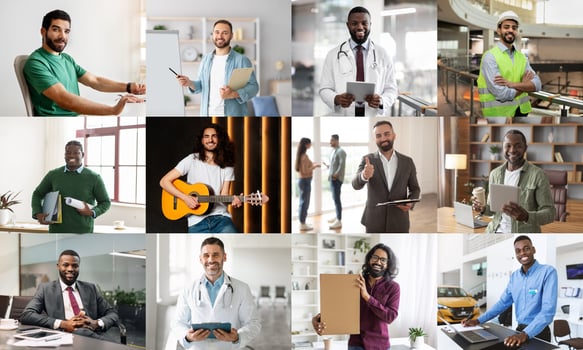 A collage of twelve men of diverse ethnicities working in a variety of professional settings, including office environments, a construction site, and a medical office photo