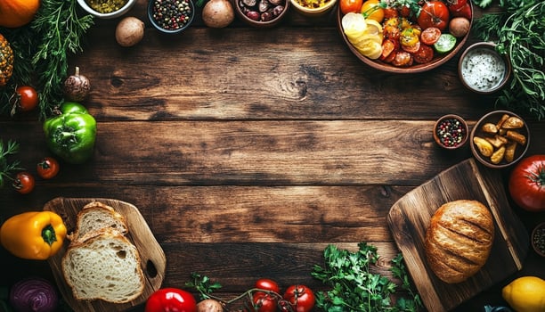 Top View of Vibrant Cultural Dishes on Rustic Wooden Table photo