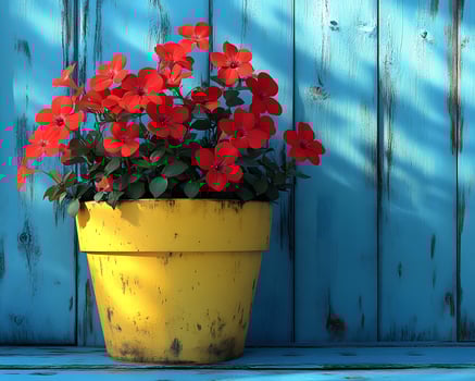 Red flower tree in a yellow pot on a wooden floor in front of a bright blue wall gives a feeling of freshness and liveliness. It is suitable for creating an inviting atmosphere in advertising. photo