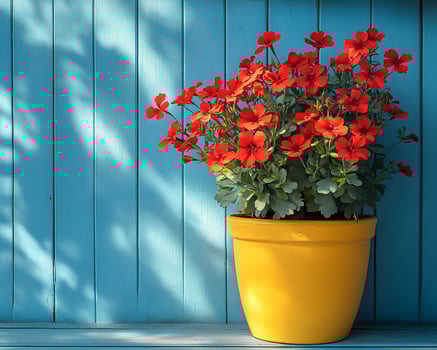 Red flower tree in a yellow pot on a wooden floor in front of a bright blue wall gives a feeling of freshness and liveliness. It is suitable for creating an inviting atmosphere in advertising. photo
