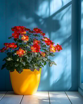 Red flower tree in a yellow pot on a wooden floor in front of a bright blue wall gives a feeling of freshness and liveliness. It is suitable for creating an inviting atmosphere in advertising. photo