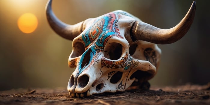 A mystical bovine skull adorned with tribal designs. photo