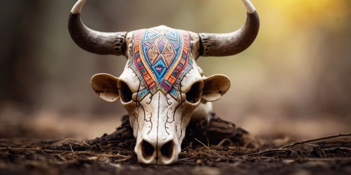 A mystical bovine skull adorned with tribal designs. photo