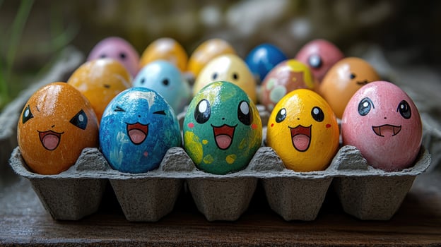 Ten colorful pokemon easter eggs smiling in a carton photo