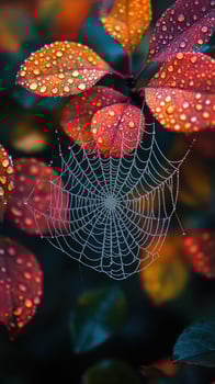 Spider web covered with dew drops hanging on autumn leaves photo