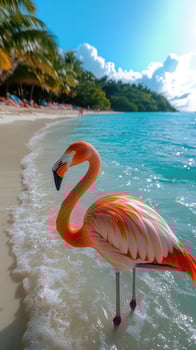 Pink flamingos standing in blue tropical water photo