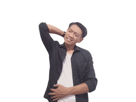 A man in a black shirt holds his neck with a pained expression, indicating discomfort or neck pain. The plain white background emphasizes his distress and highlights photo