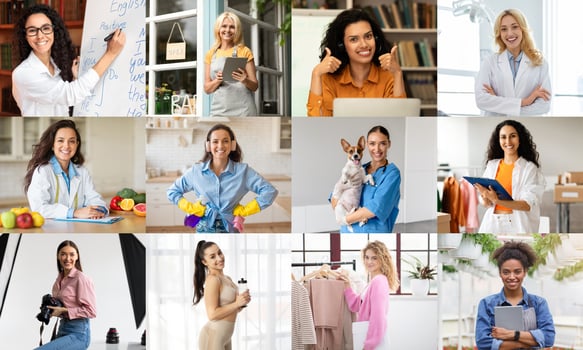 A collage of nine different women in a variety of settings. Each woman is engaged in a different profession or daily activity, showcasing the diverse range of careers and lifestyles photo