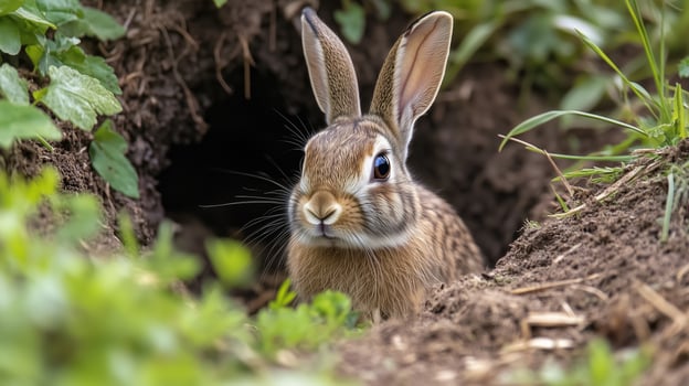 A curious rabbit peeks out from its burrow surrounded by lush greenery in a tranquil garden during springtime photo