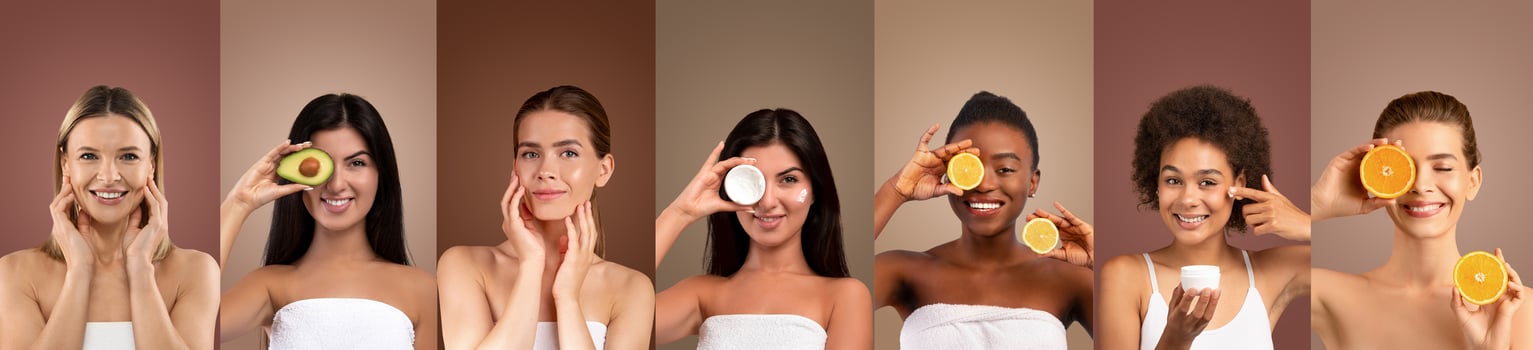 Seven diverse women of various ages, skin tones, and hair styles stand against a light background, each holding a fresh fruit or skincare product over their eyes. They are smiling photo