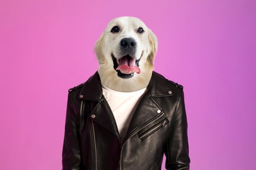 A person stands confidently in a black leather jacket, but instead of a human head, they have the head of a golden retriever. The background features a vibrant pink hue photo