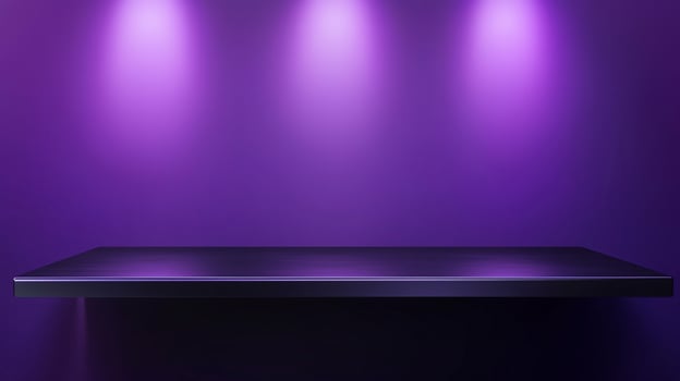 Black steel countertop shelf with spotlight and purple wall for product display promotion photo