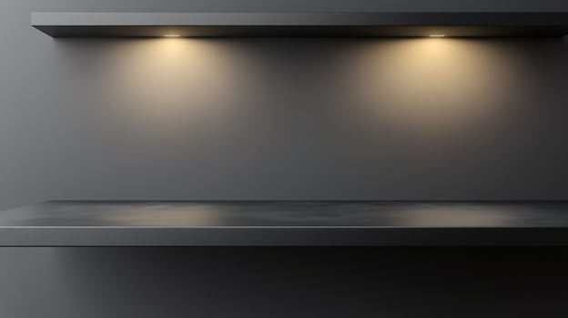 Black steel countertop shelf with spotlight and black wall for product display promotion photo