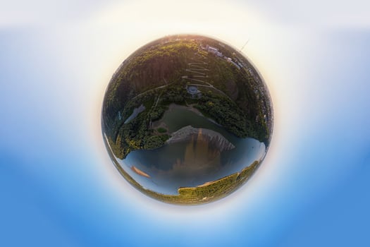 Planet spherical panorama 360 of summer roads and river in Barnaul city photo