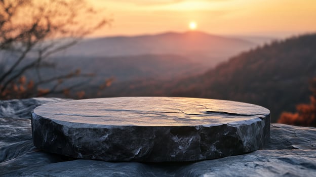 Stone podium stage on edge mountain and valley view nature in winter forest photo
