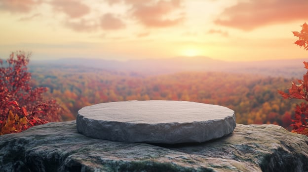 Stone podium stage on edge autumn and valley view nature in winter forest photo