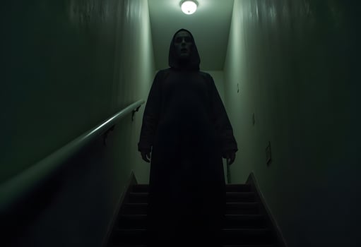 a person in a hooded robe standing on a stairway photo