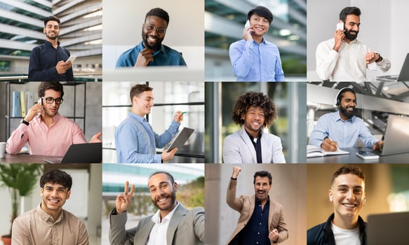 A collection captures young professionals in various engaging activities within a modern office environment. Some individuals are involved in phone conversations while others are working on laptops photo