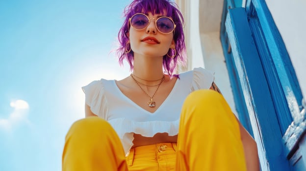 A woman with purple hair and sunglasses sitting on a blue wall photo