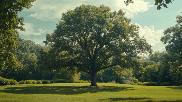 A solitary oak tree stands tall in the lush green park under a bright blue sky during a warm summer afternoon photo