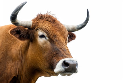 A brown cow with large horns on a white background photo