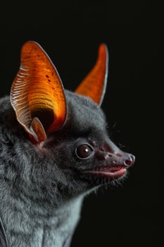 A gray bat with orange ears on a black background photo
